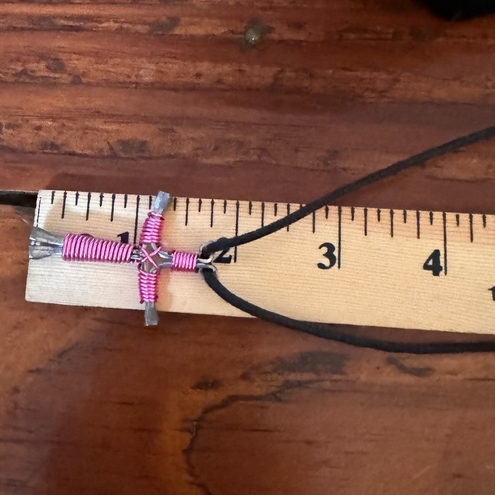 Pink Horseshoe Nail Disciple’s Cross Adjustable Leather Cord Necklace - Picture 6 of 7